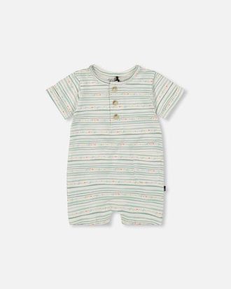 Deux par Deux Printed Organic Cotton Romper in White Printed Mint Green Lines at Nordstrom, Size 18M