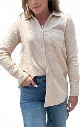 bobi Button Front Long Sleeve Top In Sandy