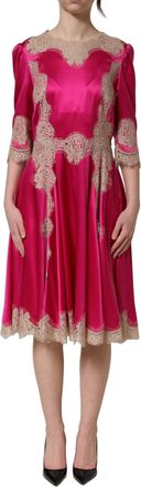 Dolce & Gabbana Womens Fuchsia Pink Lace Detail A-Line Midi Dress Silk Elastane