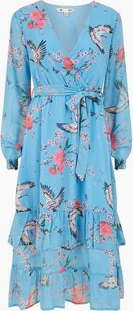 Yumi Womens Crane Print V-Neck Midi Wrap Dress - Blue - Size: 10