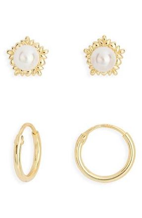 Argento Vivo Set of 2 Faux Pearl Stud & Hoop Earrings in Gold at Nordstrom Rack