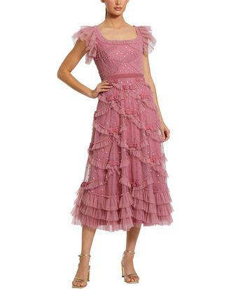 Mac Duggal Dot Net Sequin Ruffle Sweetheart Neck Midi Dress