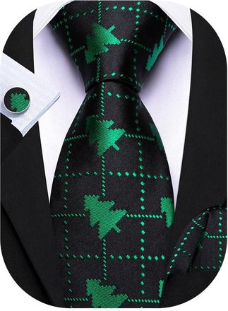 Barry.Wang Green Black Christmas Tie Mens Xmas Tree Necktie Silk Pocket Square Cufflinks Festive Party Holiday