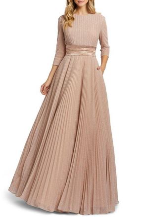 Mac Duggal Shimmering Pleated A-Line 3/4 Sleeve Gown in Rose Gold at Nordstrom, Size 12