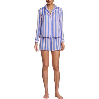 Lands End Plus Size Matte Satin 2 Piece Pajama Set - Long Sleeve Top and Shorts in Light Rose Pink/brisk Blue at Nordstrom, Size X-Large