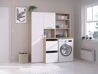Vente-Unique Washing Machine Cabinet With Shelves, Cupboard, & Storage Column in Light Oak