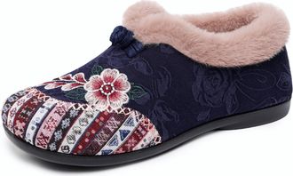 Generic Slippers for Elderly Women,Ladies Wide Fit Slippers,Womens Ethnic Embroidered Plush Slipper,Button Design,Boho Floral Button Design Winter Warm Fleece