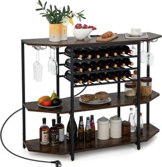 Costway Costway - Gabinete Para Barra De Vinos, Estante Industrial Para Vinos De 3 Niveles Con Estaci&oacute;n De Carga Integrada, Soportes Para Vasos, Botelleros, T