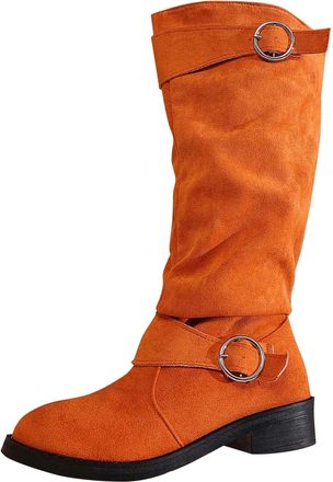 Generic Womens Wide Calf Knee High Boots Slouchy Suede Faux Leather Riding Boots Side Zipper Pull On Low Heel Pointed Toe Shoes Biker Boot Casual Elegant Styl