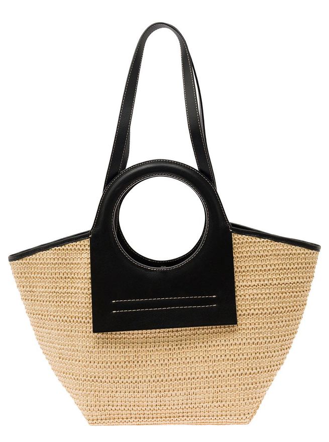 cala S Raffia Black And Beige Handbag With Leather Handles In Rafia Woman