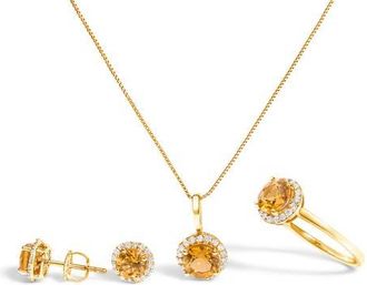 House of Brilliance 10K Gold Gemstone and 3/8 Cttw Diamond Halo Jewelry Set in Yellow | Orange Citrine at Nordstrom