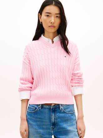 Tommy Hilfiger Strickpullover TOMMY HILFIGER CO CABLE MID GG RLX LS V-NK SWT, Damen, Gr. L (42/44), classic pink, Strick, Obermaterial: 100% Baumwolle, unifarben, re