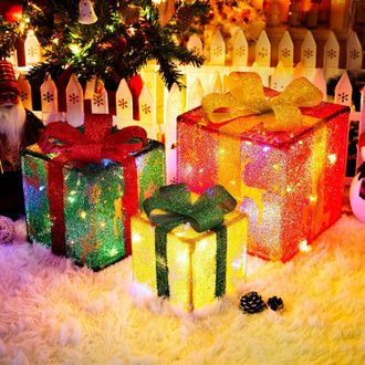 No Brand Juego De 3 Cajas Navide&ntilde;as Iluminadas - Decoraci&oacute;n Navide&ntilde;a Para Exteriores - Con Decoraci&oacute;n De Renos - Cajas Con Luces De Pilas - &Aacute;rbol De Navidad Pa