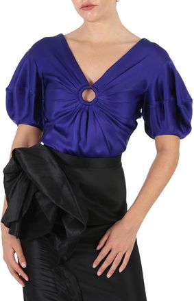 Stella McCartney Sapphire Blue Puff-Sleeve Ruched Blouse, Brand Size 38 (US Size 4)