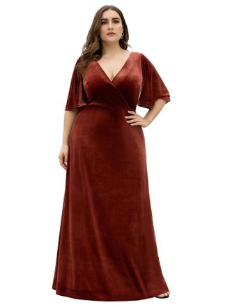 Ever-pretty Ever Pretty Womens Elegant Vintage Velvet Short Sleeves Floor Length Plus Size Evening Dresses Brick Red 30UK