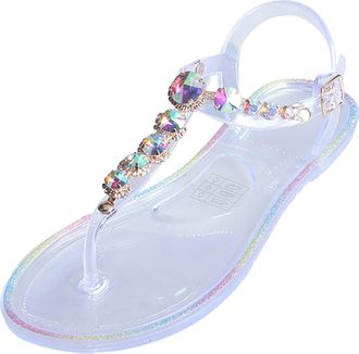 Generic Momolaa Clearance UK 7 Womens Jelly Sandals Glitter Diamond Beaded Transparent Toepost Thong Strap Sandal Jelly Flip Flops Beach Flat Thong Sandals wi