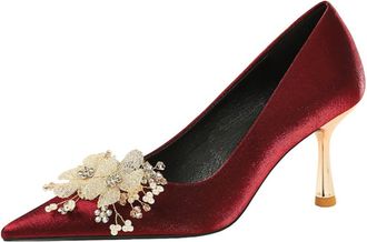 Generic Women Pointed Toe Stiletto High Heels 6.5CM Sparkly Rhinestones Pearls Flower Satin Pumps Wedding Evening Party (Red,5.5)