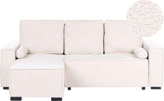 Beliani 3 Seater Corner Sofa Bed Light Green Boucle Upholstery Right Handed with Storage Armrests Reversible Modern Style Living Room EDANE
