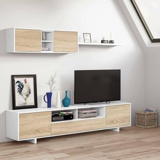 Dmora Dmora - Pared Equipada Dfantin, Mueble De Tv Para Sal&oacute;n, Composici&oacute;n Del Juego De Sala, Juego De Sal&oacute;n Con Mueble Alto, 260x41h46 Cm, Blanco Brillo Y 