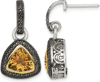 Diamond2Deal Sterling Silver with 14K Accent Antiqued Trillion Bezel Citrine Dangle Earrings