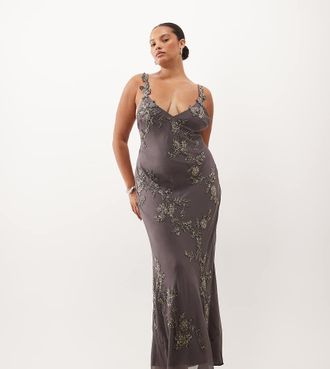 Asos Curve ASOS DESIGN Curve vestito maxi con spalline, decorato con motivo floreale e sciarpa, grigio antracite