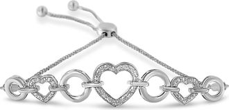 House of Brilliance 925 Sterling Silver 1/10 Cttw Round-Cut Diamond Heart-Link Adjustable Bolo Bracelet