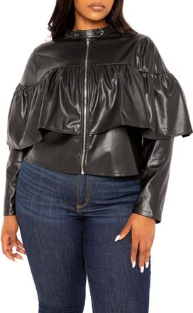 Buxom Couture Ruffle Crop Faux Leather Jacket in Black at Nordstrom, Size 1 X