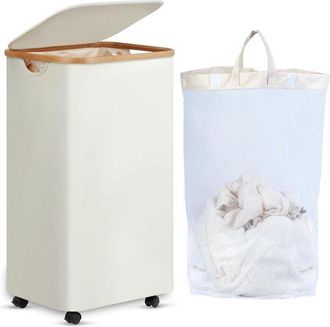OEM Cesto De Ropa Xl Con Ruedas - 100 Litros - Beige - Bamb&uacute; - Con Tapa