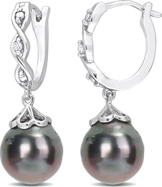 Amour 8-9mm Black Tahitian Cultured Pearl and Diamond Accent Infinity Huggie Earrings In Sterling Silver