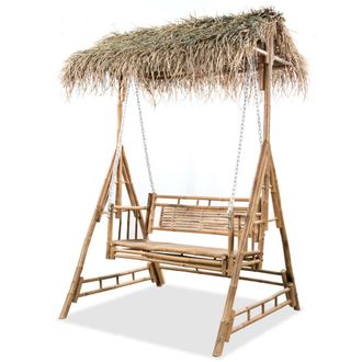 Berkfield Home 2-Seater Swing Bench with Palm Leaves Bamboo 202 cm in Brown