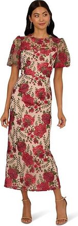 Adrianna Papell Puff Sleeve Embroidered Dress Womens Dress Red/Nude : 12, Polyester