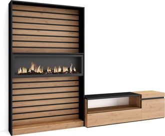 Skraut Home Skraut Home - Muebles De Sal&oacute;n Para Tv, Conjunto De Muebles Comedor, 260x186x35cm, Para Tv Hasta 65, Chimenea El&eacute;ctrica, Estilo Moderno, Roble Y Negro