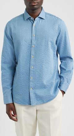 Emanuel Berg Crinkle Stripe Cotton Denim Button-Up Shirt in Medium Blue at Nordstrom, Size 42