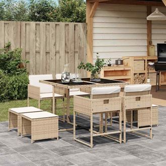 vidaXL Vidaxl - Set Comedor De Jard&iacute;n 9 Pzas Con Cojines Rat&aacute;n Sint&eacute;tico Beige