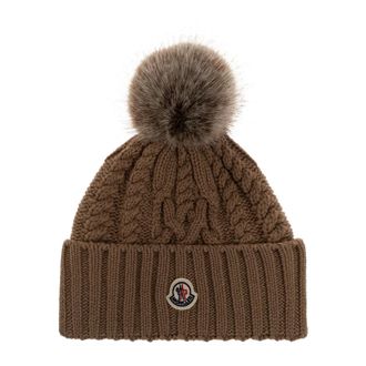 Moncler Accessoires, Dames, Bruin, ONE Size, Wol, Logo Patch Muts