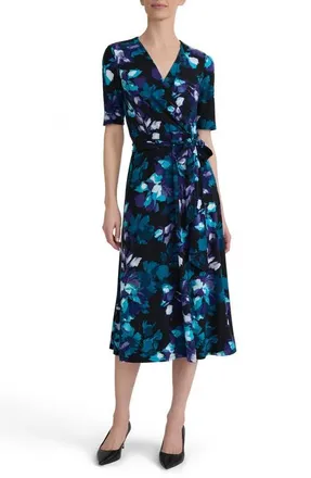 Kasper Pleated Fit and Flare Dress in Black/blue Multi at Nordstrom, Size 18