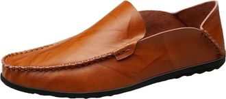 Generic Mens Loafers Genuine Leather Round Toe Stitching Details Classic Anti-Slip Slip Resistant Comfortable Driving Fashion Slip-ons(Red Brown,7.5 UK)