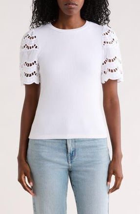 T Tahari Embroidered Eyelet Sleeve Ribbed Top in White at Nordstrom Rack, Size X-Small