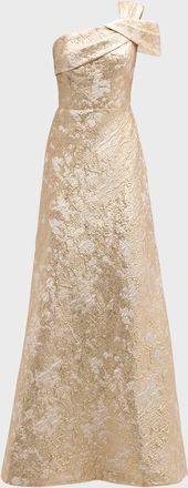 Teri Jon One-Shoulder Metallic Jacquard A-Line Gown