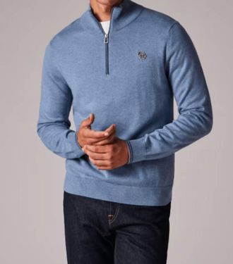 Paul Smith Cotton-Blend Zebra Logo Half Zip Sweater In Pale Blue