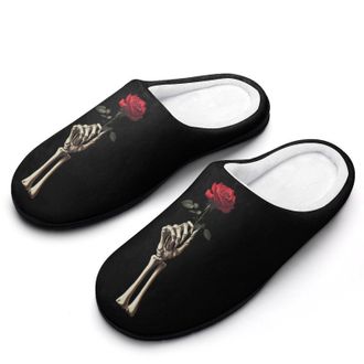 Generic Skeleton Hand With Rose Mens House Slippers Memory Foam Washable Cotton Slip on Home Shoes