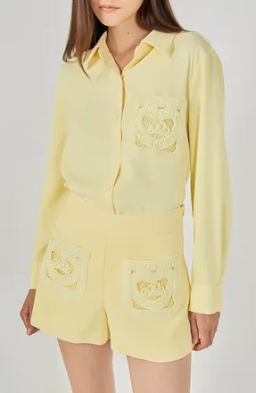 endless rose Net Pocket Button-Up Shirt in Light Yellow at Nordstrom, Size X-Small