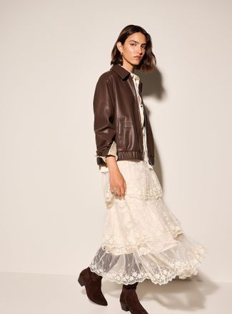 Icone Womens Floral embroidery tiered midi skirt
