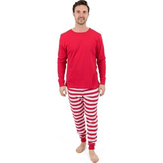 Leveret Mens Cotton Striped Matching Family Holiday Pajamas in Solid Red Top & Striped Pant at Nordstrom, Size Xx-Large