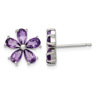 Diamond2Deal Sterling Silver Rhodium Plated Amethyst Floral Stud Earrings