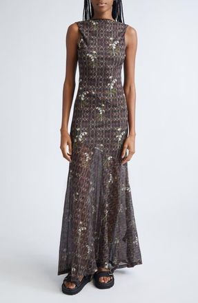 Siedres Fens Floral Open Back Semisheer Mesh Dress in Brown Multi at Nordstrom, Size X-Large