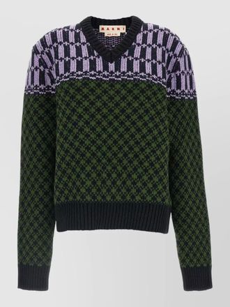 Marni geometric jacquard v-neck wool sweater