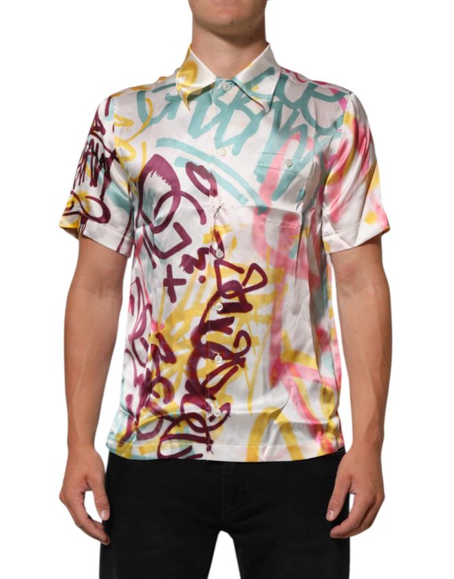 Silk Graffiti-Print Hawaiian Shirt - White