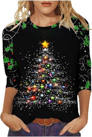 Generic Christmas Tops for Women Christmas Tree T-Shirts Novelty Funny 3/4 Sleeve Crewneck Jumper Santa Reindeer Graphic Print Blouse Ugly Xmas Pullover Festi