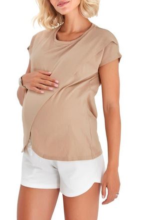 Accouch&eacute;e Handy Crossover Short Sleeve Cotton Maternity/Nursing Top in Beige at Nordstrom, Size X-Large